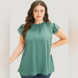 🆕 Bloomchic Plain Mock Neck Cap Sleeve Ruffle Trim Blouse, Size 1x - 14-16